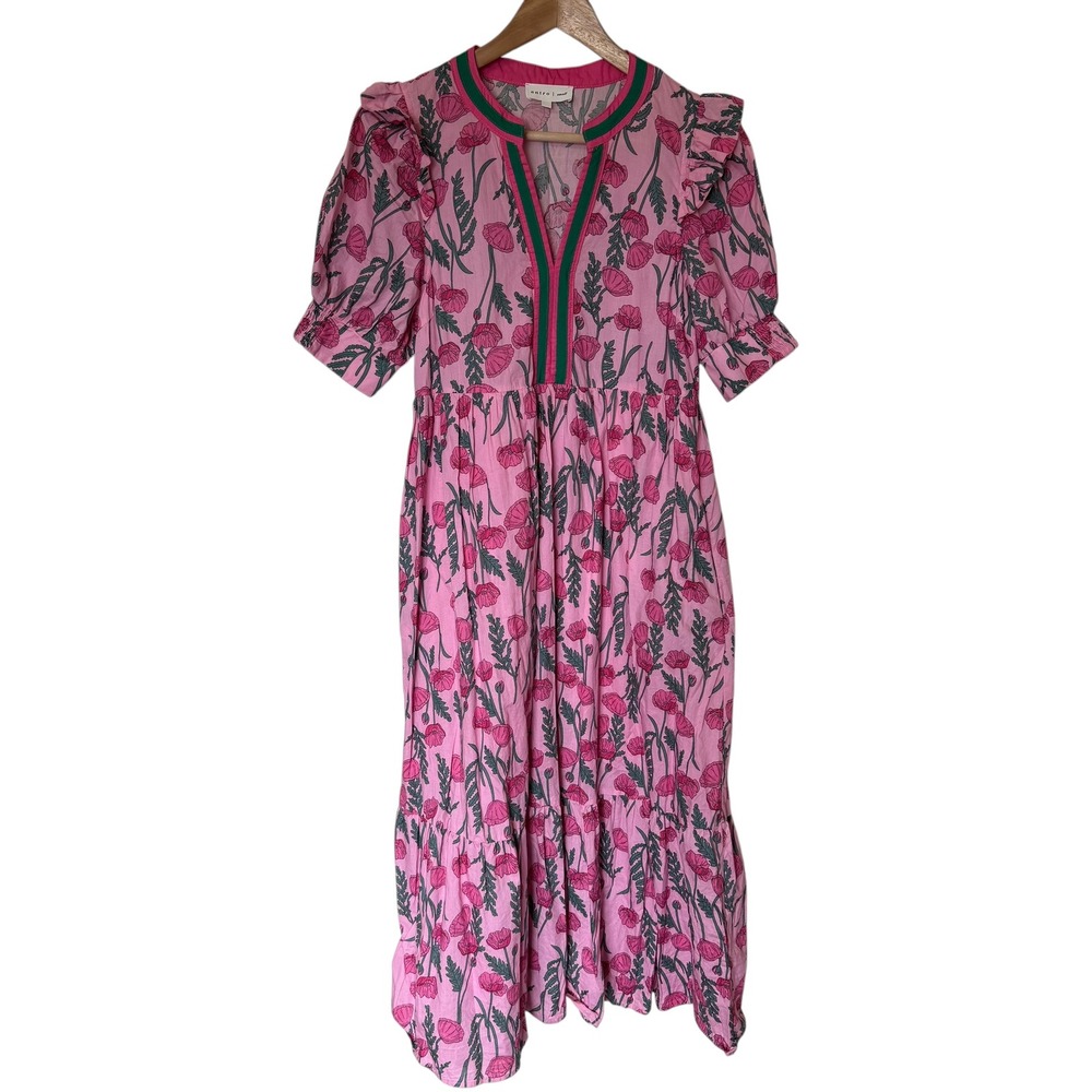 Entro Poppy Floral Midi Dress Women Small Pink Green Tiered Ruffle Pockets